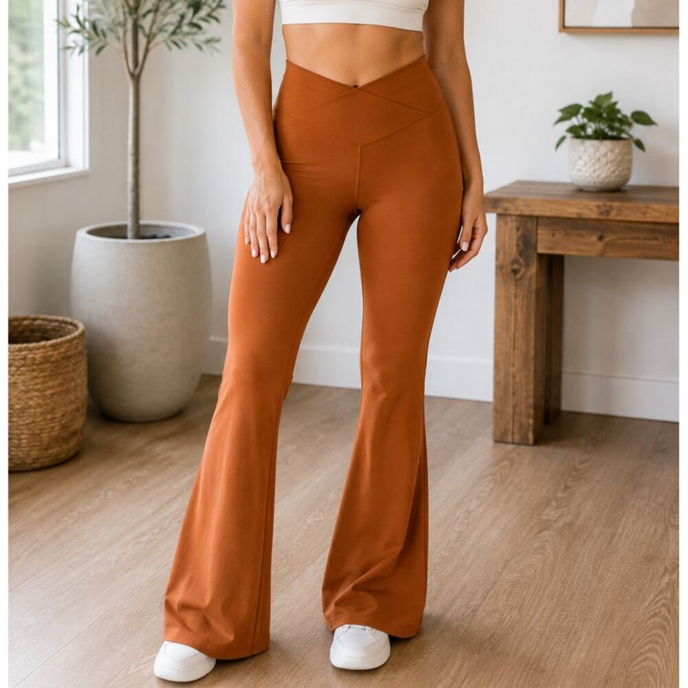 Sunzel Flare Leggings Women’s Large Rust Brown Crossover V Waist Yoga